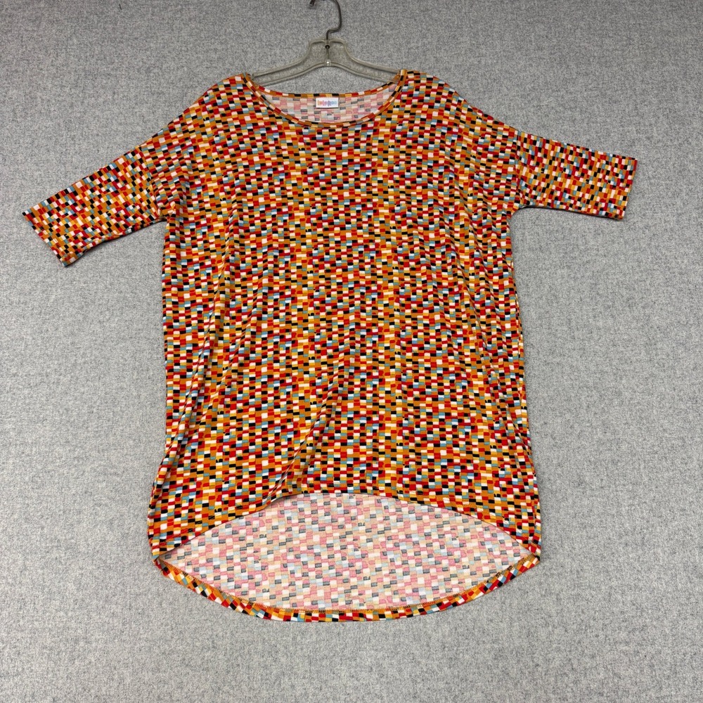 LuLaRoe Irma Tunic Top XXS MulticolorGeometricPixel Print High-Low Short Sleeves